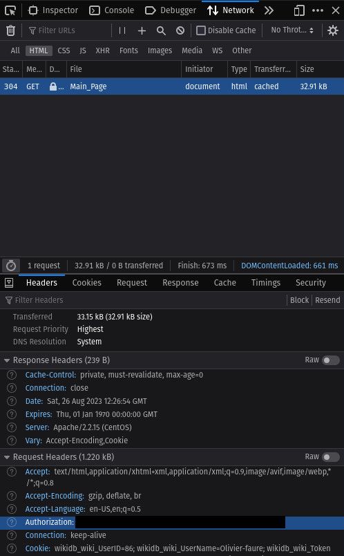Screenshot of the Firefox devtools Network tab, with a list of headers and their values. The "Authorization" header value is censored.